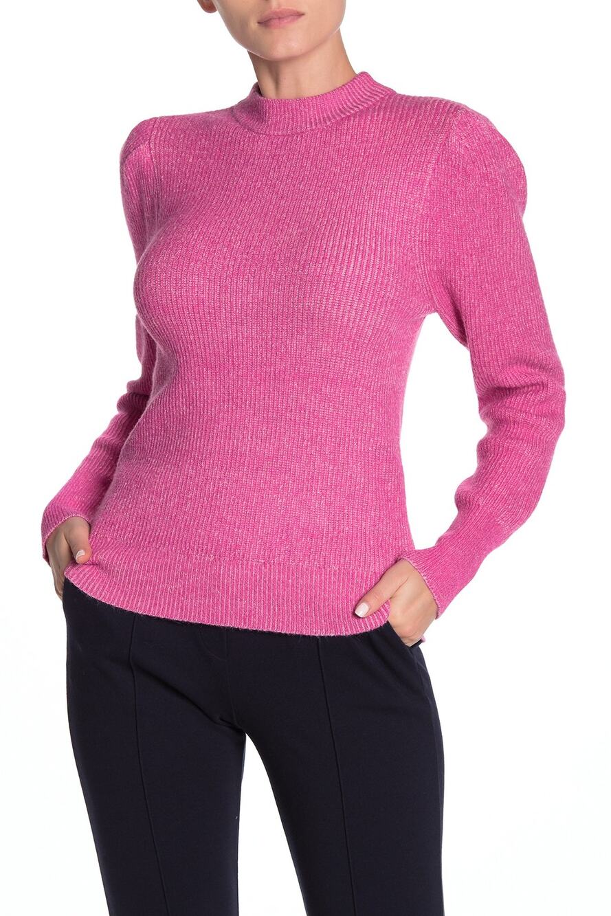 Free Press Womens Plaited Puff Sleeve Sweater Pink Cyclamen High Neck Medium NWT